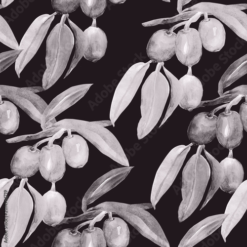 Watercolor olive tree branch. Image on white and colored background. Patten seamless.