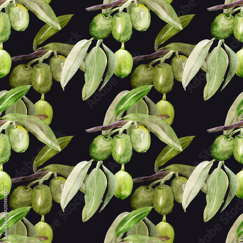 Watercolor olive tree branch. Image on white and colored background. Patten seamless.