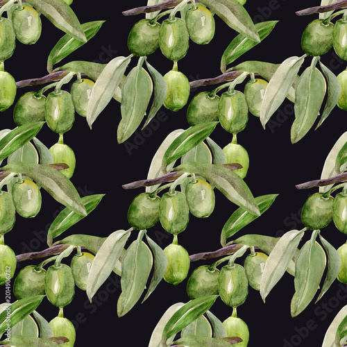 Watercolor olive tree branch. Image on white and colored background. Patten seamless.
