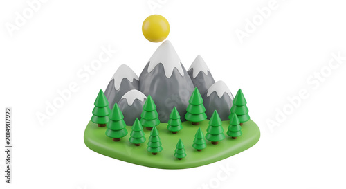 Stylized 3D Rendering of a Mountain Landscape with Pine Trees and Sun.