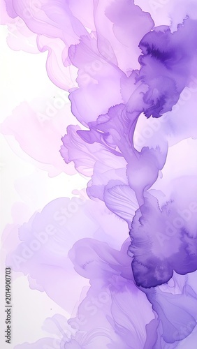 An ethereal composition of flowing purple and lavender inks creates a dreamy, abstract floral form.