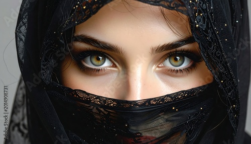 A woman's face partially covered by a black lace veil