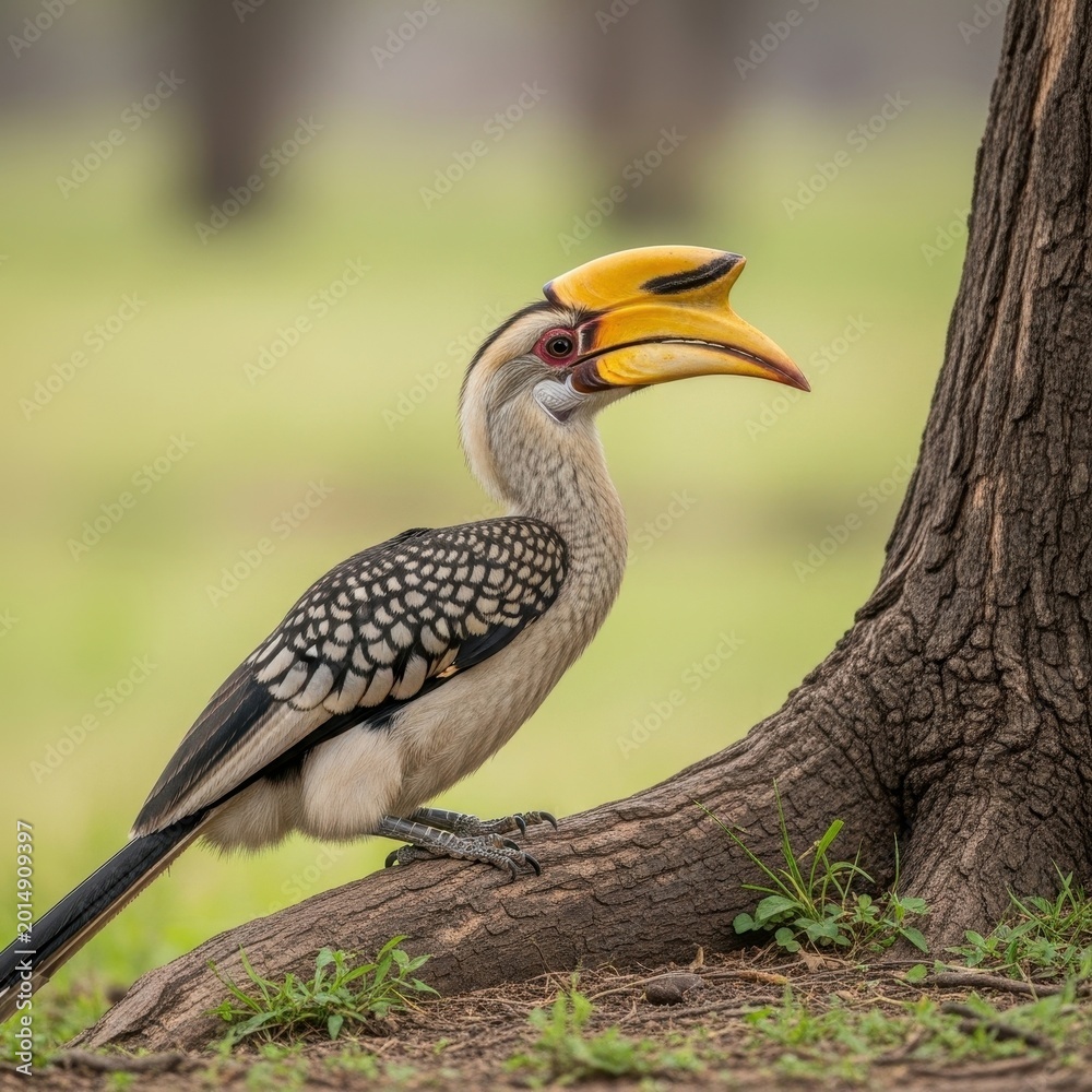 Obraz premium Southern Yellow-Billed Hornbill Perched Beside Tree Trunk.
