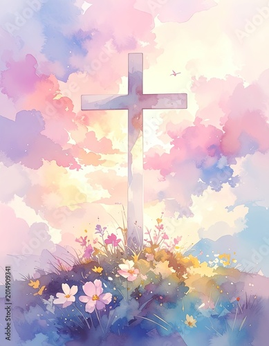 A serene watercolor painting depicts a cross standing amidst a vibrant field of wildflowers under a dreamy, pastel-colored sky with a single bird soaring above.
