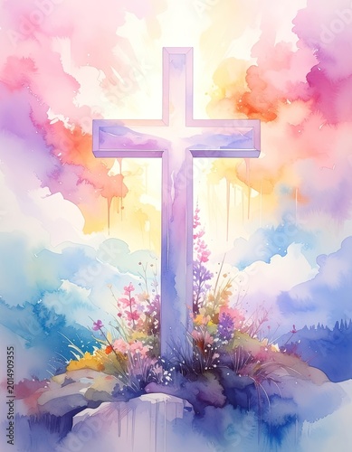 A vibrant watercolor painting depicts a cross bathed in radiant light, surrounded by blooming flowers and a serene, cloud-filled sky, symbolizing hope and spiritual renewal.