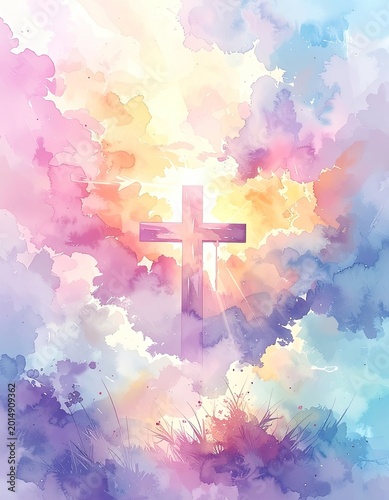 A vibrant watercolor painting depicts a Christian cross bathed in radiant light, set against a backdrop of swirling clouds and a grassy landscape, evoking a sense of hope and spirituality.