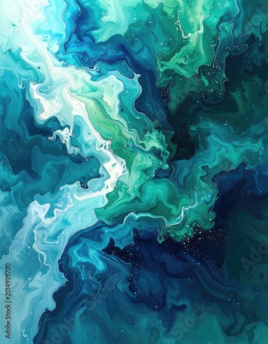 An ethereal swirl of blues and greens creates a mesmerizing abstract fluid art composition.