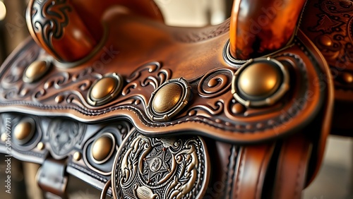 conchos. Extreme close-up of a Western saddle's cantle with intricate tooled leather patterns and brass conchos. wildlife magazines, conservation campaigns, designed for eco-tourism storytelling.
