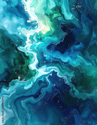 An ethereal swirl of blues and greens creates a mesmerizing abstract composition reminiscent of flowing water or marbled stone.