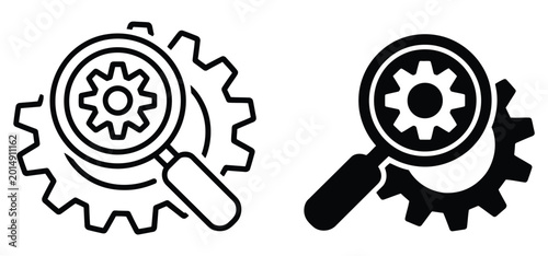 Bild auf Leinwand Magnifying glass gear icon symbolizing system diagnostics mechanical inspection