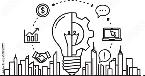 Business Ideas, Innovation, City Skyline, Light Bulb Concept, Financial Growth