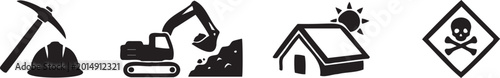Foto Black icons of mining, construction, house and toxic signs