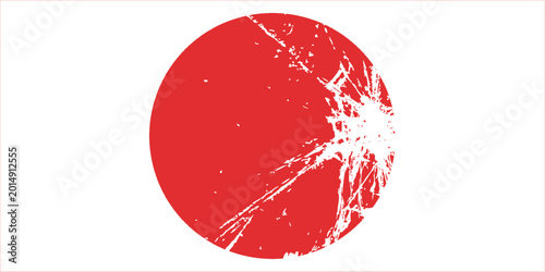design template Japanese flag symbol of rising sun. Red circle in grunge style on white background.