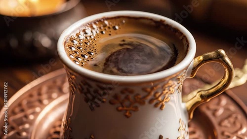 Closeup of rich, frothy Turkish coffee in an ornate cup with gold accents, warm lighting, rich dark brown beverage, traditional beverage culture