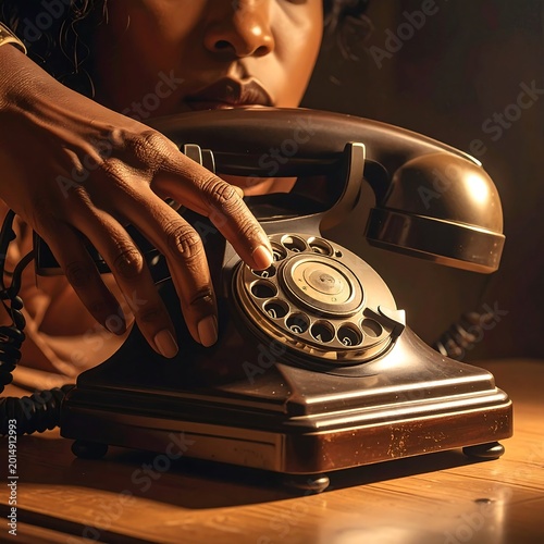 A woman's hand on a vintage rotary phone