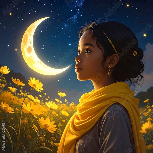 A young woman in a yellow scarf gazes at the crescent moon