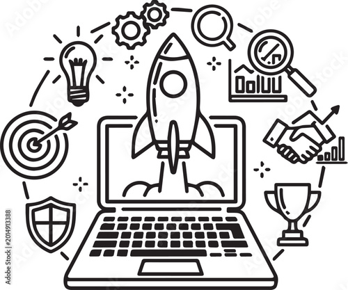 Business strategy, startup launch, marketing icons, around laptop, line art