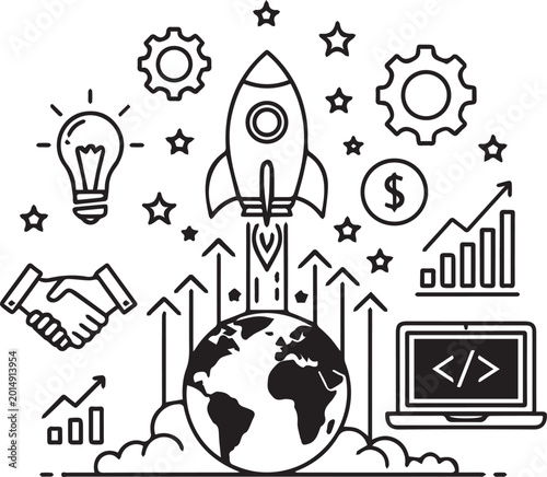 Business growth concept, startup success icons, innovation and finance symbols, vector line art