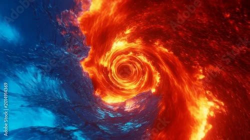 Fire Water Clash. Cinematic Depiction Of Fiery Vortex Merging With Blue Currents In High Detail