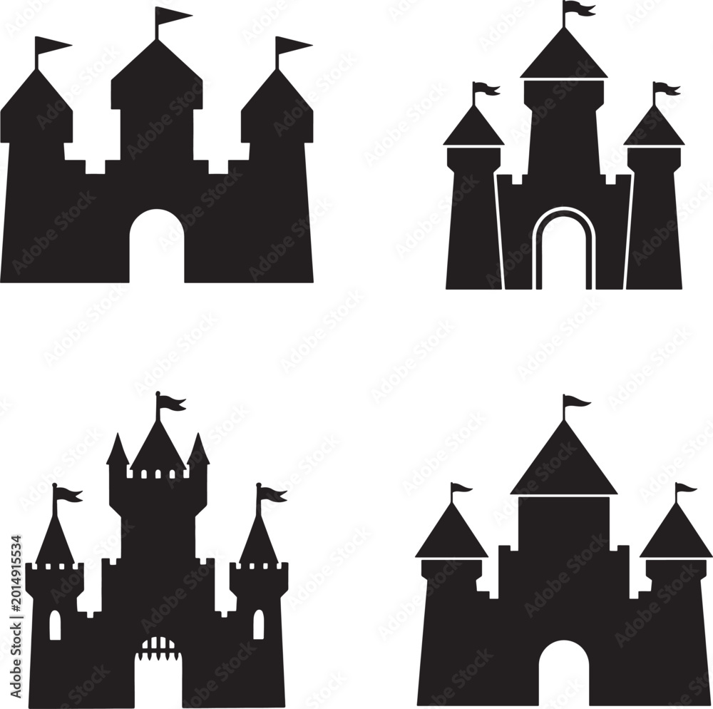 Fototapeta premium Set of black castle icons in silhouette style