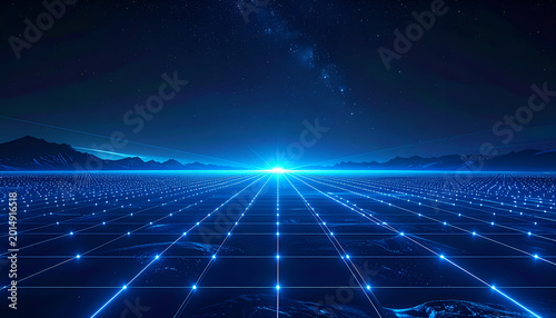 Futuristic Digital Grid Landscape with Glowing Blue Lights and Distant Mountains.