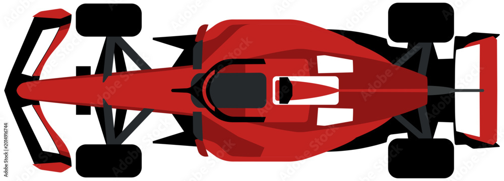 Fototapeta premium Overhead top-down view of a red Formula 1 race car, displaying chassis and body shape
