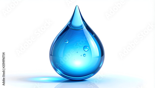 A single, clear, blue water droplet suspended in space with tiny air bubbles inside.