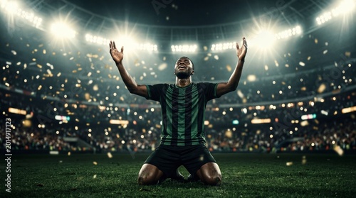 Celebrating victory emotional soccer player in stadium sports event dramatic night lights captured moment triumph and passion
