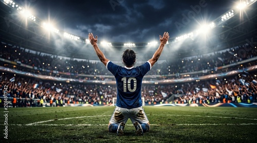 Emotional soccer celebration stadium sports moment nighttime back view triumph and passion