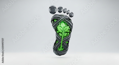 Carbon footprint concept showing human foot shape made of black rubber tires with vibrant green plant growing inside isolated on light studio background.