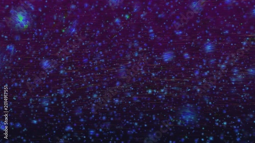 A dynamic abstract background featuring horizontal streaks of light and luminous blue particles against a deep purple backdrop, creating a sense of movement and depth.