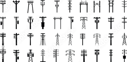 Grid of various electricity pylons and utility poles in black silhouette on white power line transmission tower