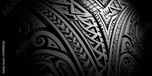 Intricate Polynesian tribal tattoo design in black and white.