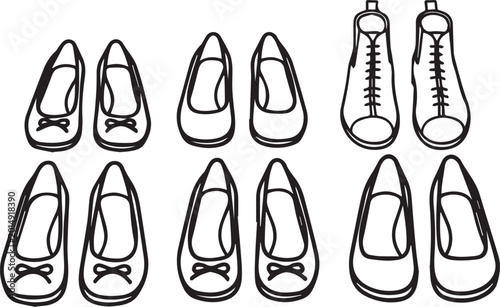 Black and white flat shoes, women's footwear icons, bow detail, lace-up boot, vector illustrations