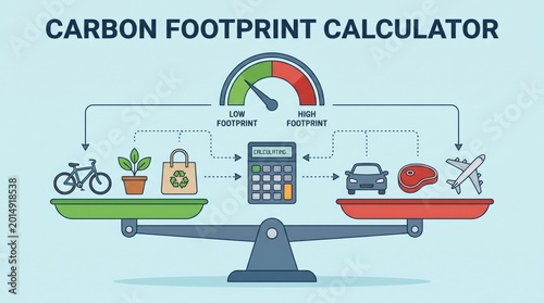 Carbon footprint calculator concept with lifestyle choices weighed on green versus red dial