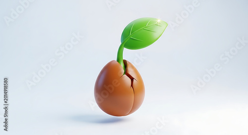 Minimalist 3d render of plant sprouting from cracked brown seed against a pristine white background, concept of new beginnings and growth.