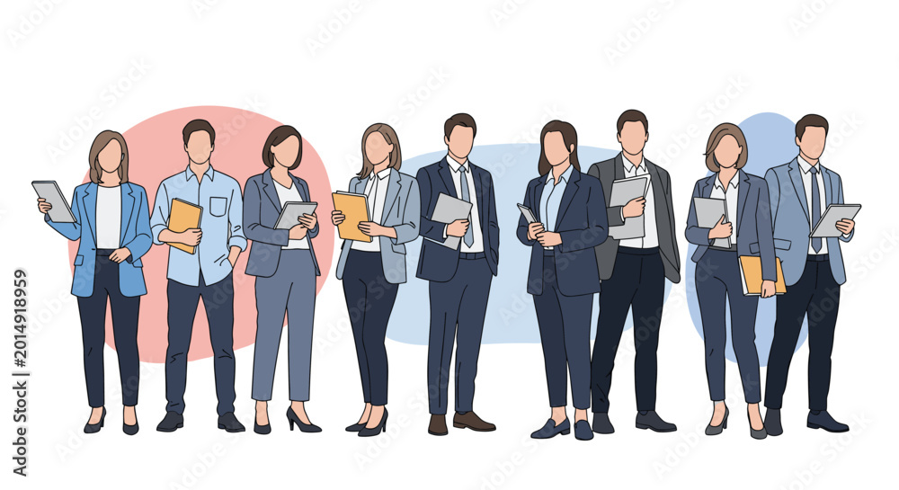 Obraz premium Group of diverse corporate professionals standing together in business suits while holding folders, tablets, and important office documents.