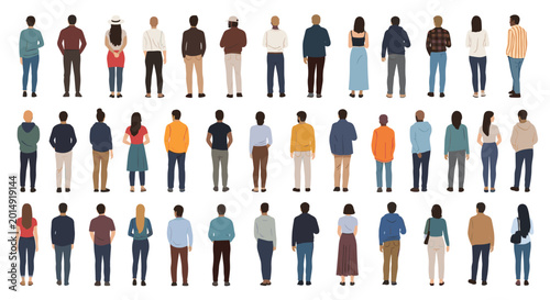 Large diverse crowd of people seen from the back view standing in rows representing a community, audience, or waiting line in a public space.