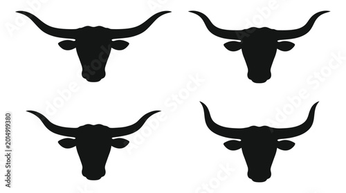 Photos Four black silhouettes of longhorn cattle heads with wild west, animal profile