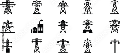 Bild auf Leinwand Collection of black and white icons representing power pylons and a factory elec