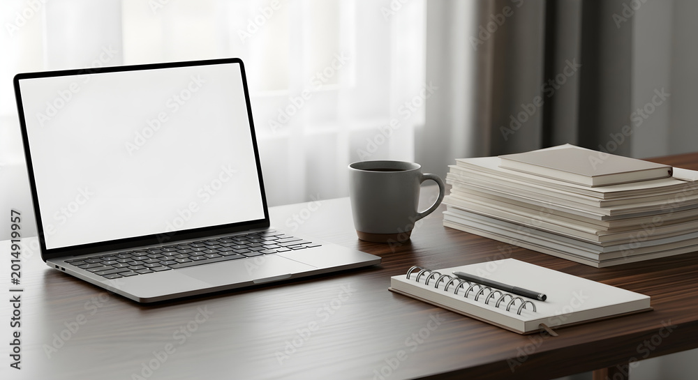 Fototapeta premium A minimalist desk setup featuring a laptop, coffee mug, notebook, and a stack of books, perfect for a home office or study space