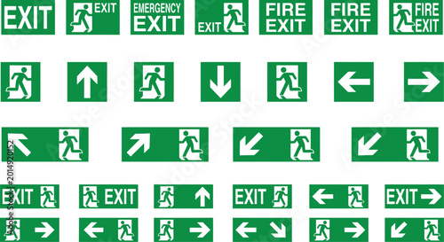 Tableau sur toile Collection of green and white emergency exit signs with pictograms, graphic reso