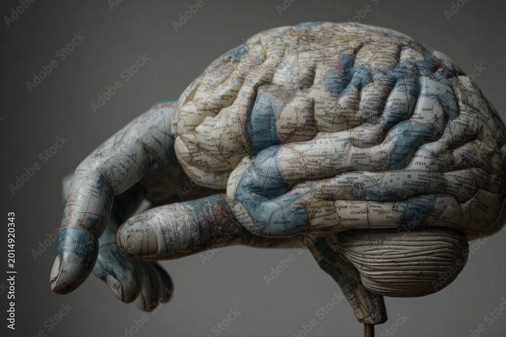 Obraz premium Anatomical brain model, map-covered, hand-like grip