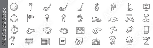 Golf equipment and course line icon set – editable outline symbols of golf club, player, tournament, scorecard, rules book, cart and sporting gear