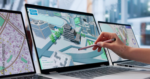 Foto Young Woman Analyzing Urban 3D Twin Using Laptop