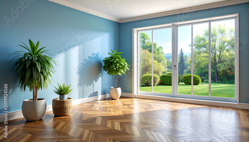 Empty Room with Blue Walls and Large Window Overlooking Garden.