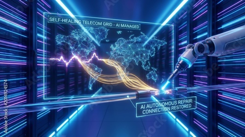 AI managed self-healing telecom grid with robotic arm performing autonomous repair and connection restoration in data center.