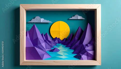 Geometric Paper Art Landscape with Sun and River.