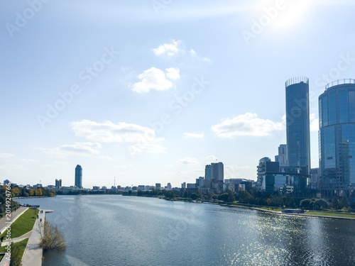 Fotografie City Pond view with modern buildings in Yekaterinburg