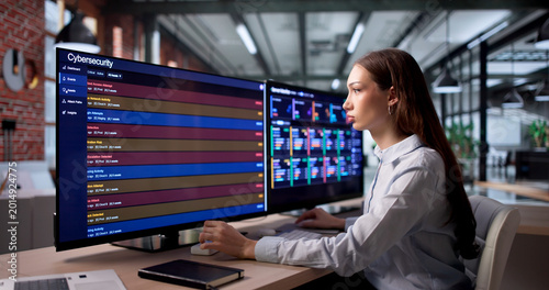 Принти на полотні Young Woman Monitors Network Security Alerts